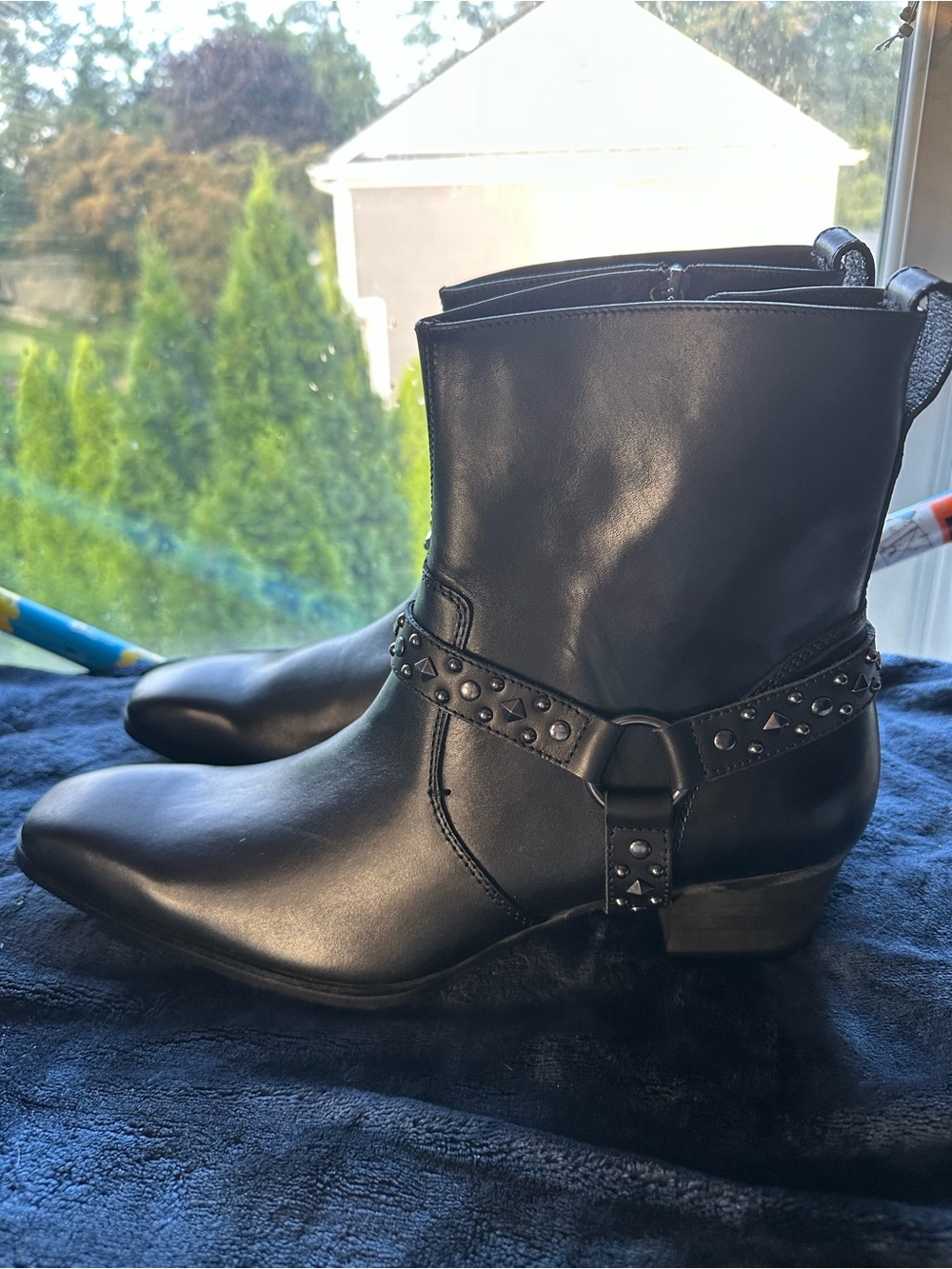 Men's Black Stud-Accent Leather Harness Boots
